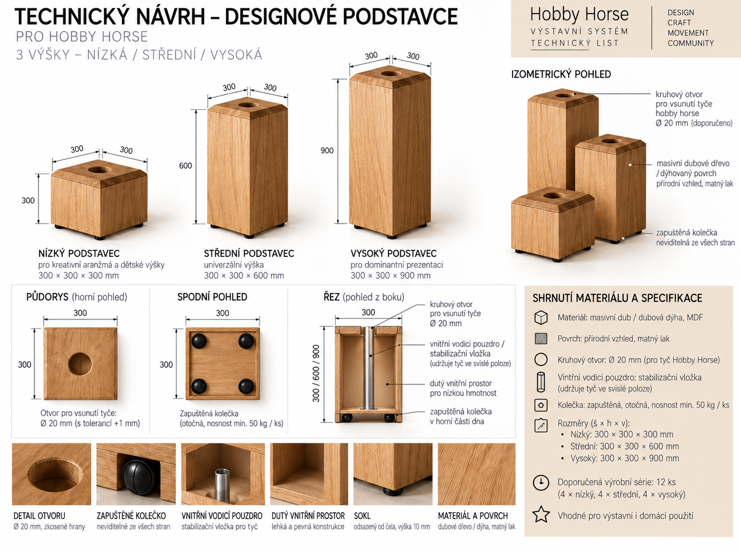 Technical proposal for three oak pedestals for hobby horses, 300, 600 and 900 mm high
